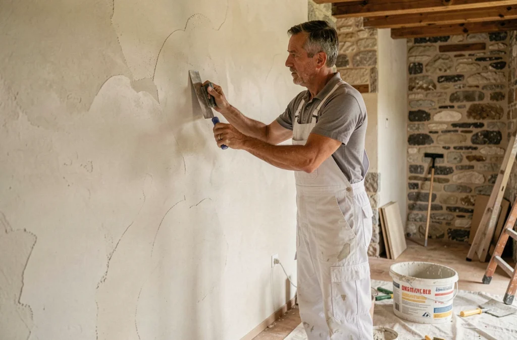 Artisan peintre et plaquiste appliquant du plâtre sur un mur intérieur à Tenay dans l'Ain