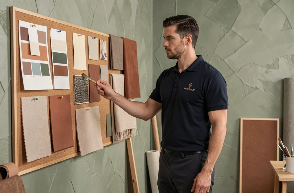 Peintre décorateur présentant un projet de décoration intérieure avec échantillons de couleurs dans son atelier dans l'Ain