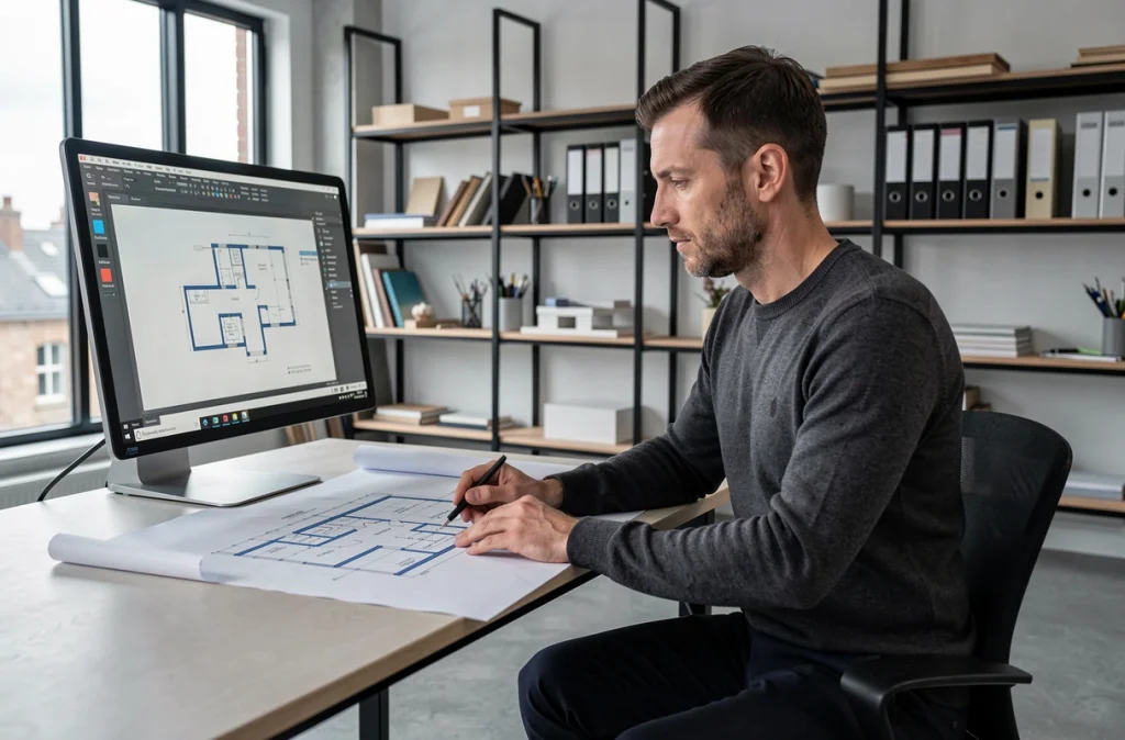 JFL Design à Lille, architecte d'intérieur travaillant sur des plans CAD et blueprints dans un studio contemporain