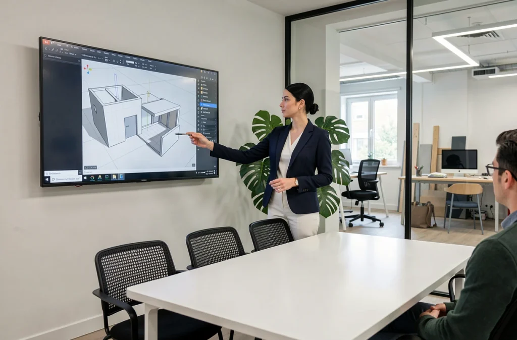 Agence Mayelle à Villeneuve-d'Ascq, architecte présentant un rendu 3D à un client dans une salle de réunion moderne