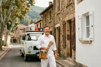 Peintre en bâtiment professionnel devant une façade rénovée dans un village de l'Ain