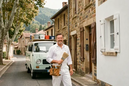 Peintre en bâtiment professionnel devant une façade rénovée dans un village de l'Ain