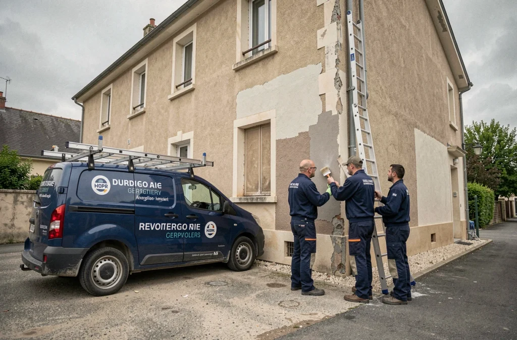 Deux ouvriers d'une entreprise de peinture et rénovation travaillant sur la façade extérieure d'un bâtiment résidentiel