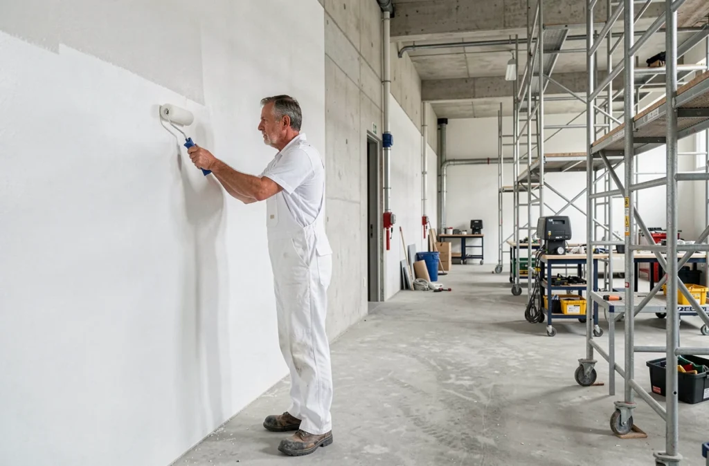 Artisan professionnel appliquant une peinture blanche en finition dans un couloir de bâtiment commercial à Vonnas