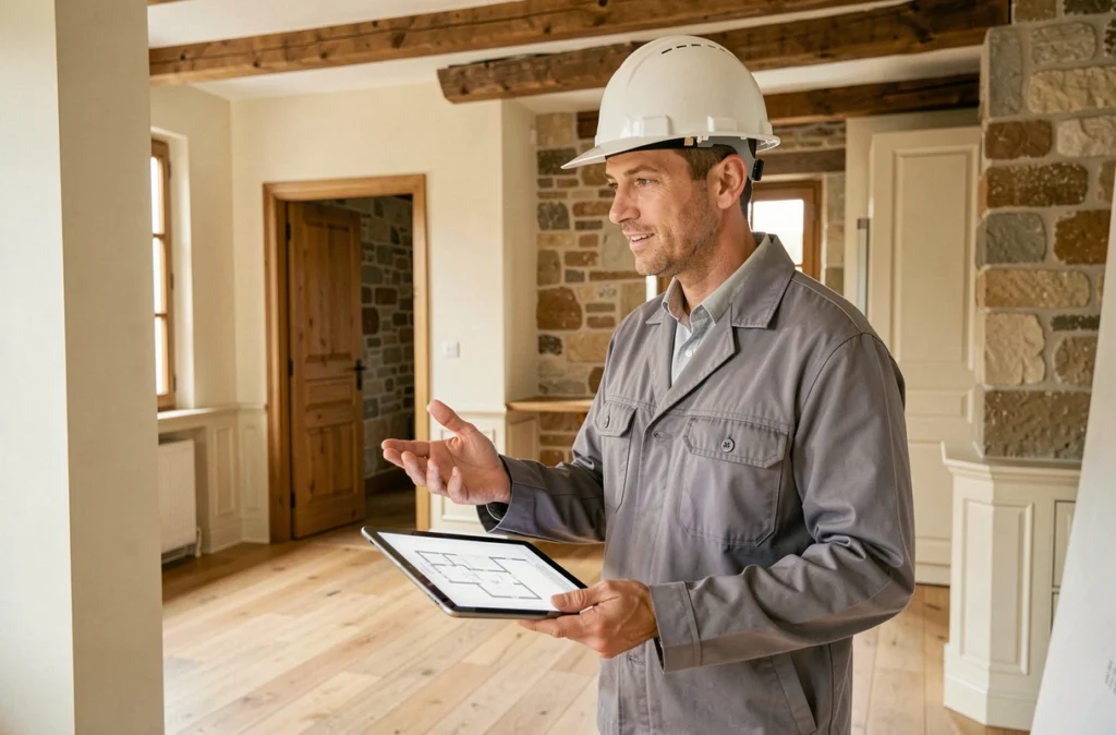 Entrepreneur en rénovation globale présentant un chantier de peinture et rénovation complète dans une maison française