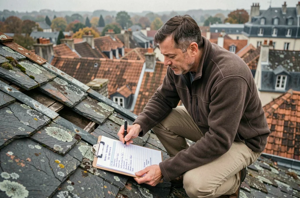 Expert couvreur inspectant une vieille toiture en ardoise dégradée pour estimer le coût de réfection sur maison ancienne