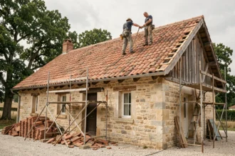Artisans couvreurs en train de rénover une toiture en tuiles sur une ancienne maison en pierre de 120 m2 avec échafaudage